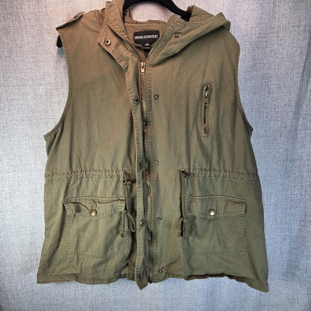 Zenana Outfitters Womens Olive Green Hooded Utility Vest Cotton Size 2X Gorpcore